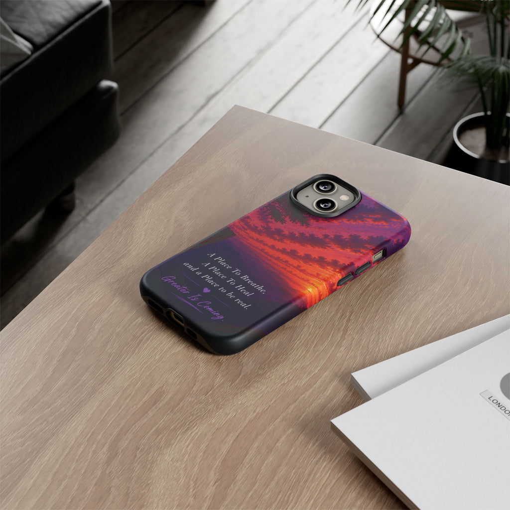Sunset Serenity Phone Case – “A Place To Breathe, A Place To Heal” Inspirational Galaxy Case