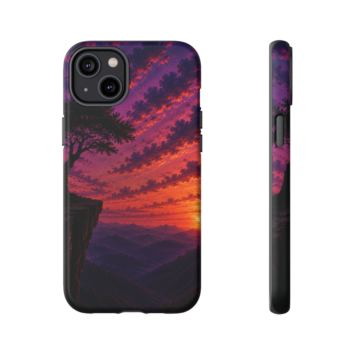 Sunset Cliff Tough Phone Case - Vibrant Purple Orange Landscape for Galaxy & iPhone