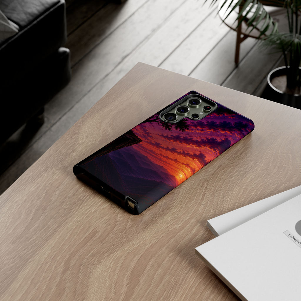 Sunset Cliff Tough Phone Case - Vibrant Purple Orange Landscape for Galaxy & iPhone