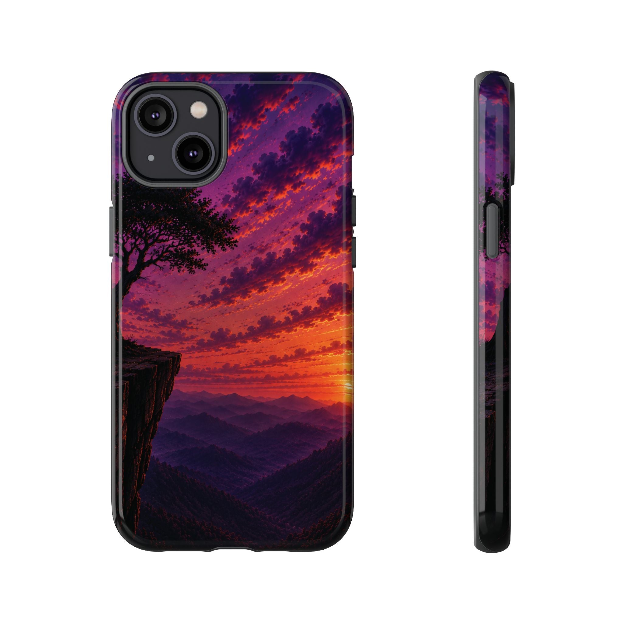 Sunset Cliff Tough Phone Case - Vibrant Purple Orange Landscape for Galaxy & iPhone