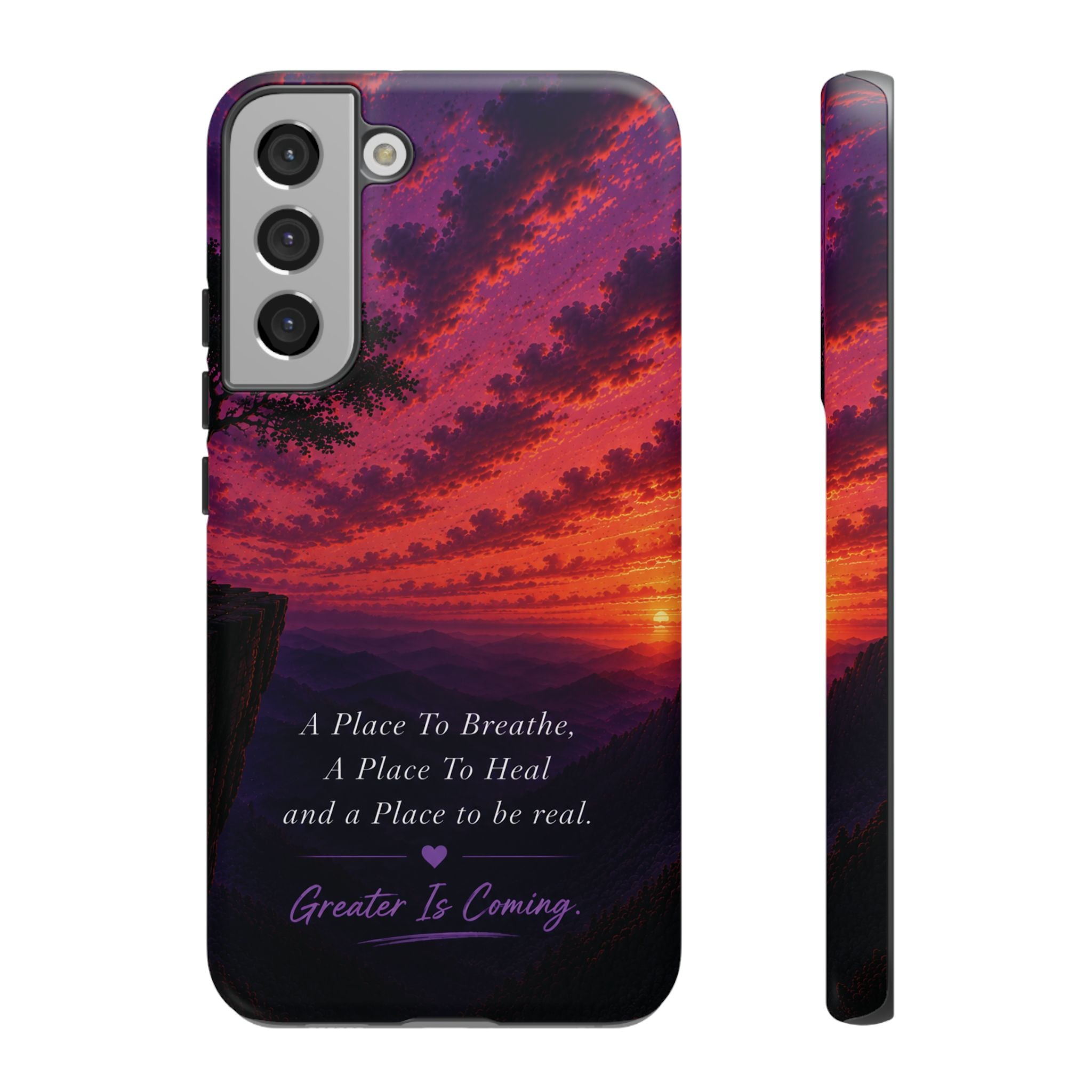 Sunset Serenity Phone Case – “A Place To Breathe, A Place To Heal” Inspirational Galaxy Case