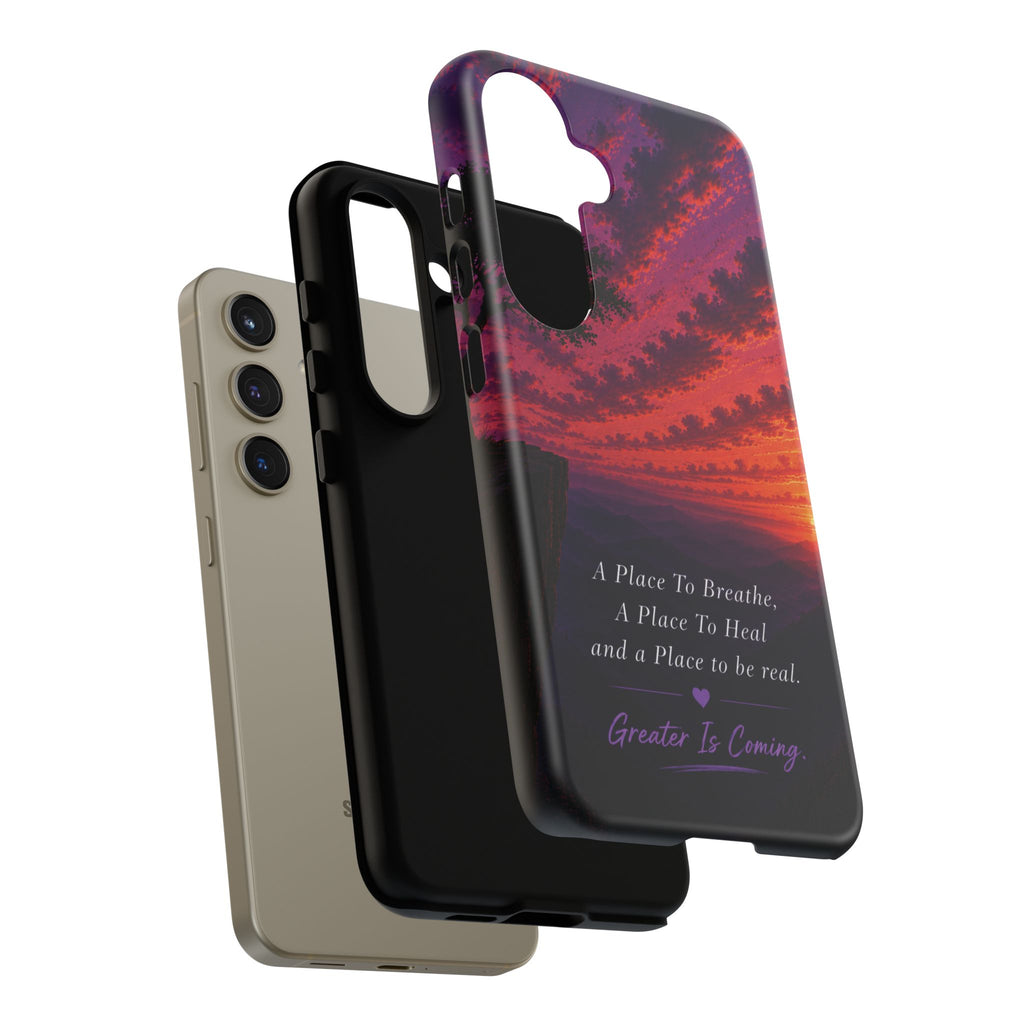 Sunset Serenity Phone Case – “A Place To Breathe, A Place To Heal” Inspirational Galaxy Case