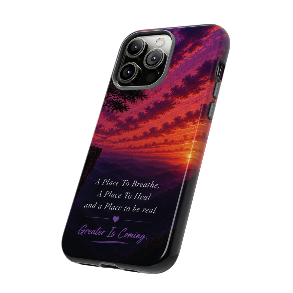 Sunset Serenity Phone Case – “A Place To Breathe, A Place To Heal” Inspirational Galaxy Case