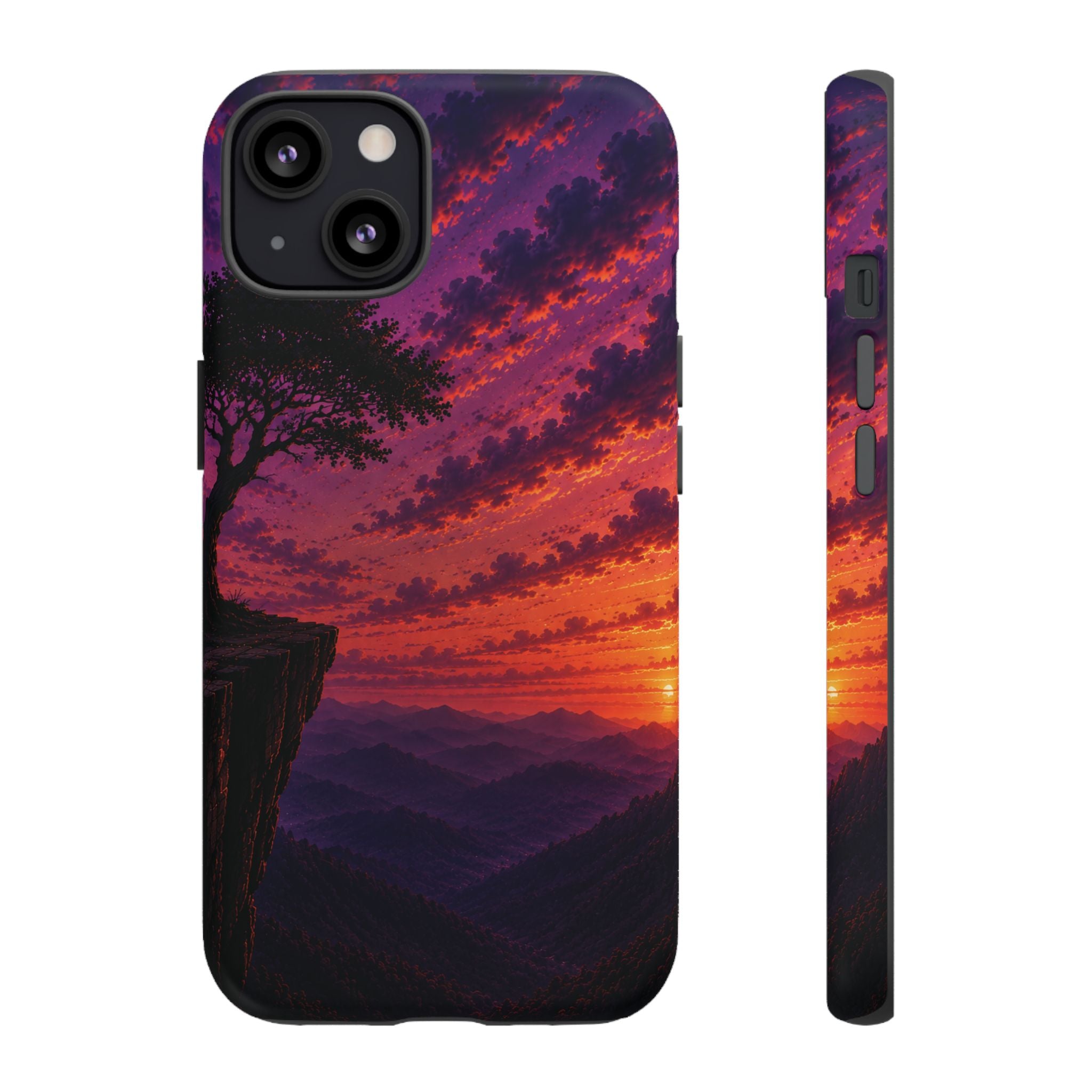 Sunset Cliff Tough Phone Case - Vibrant Purple Orange Landscape for Galaxy & iPhone