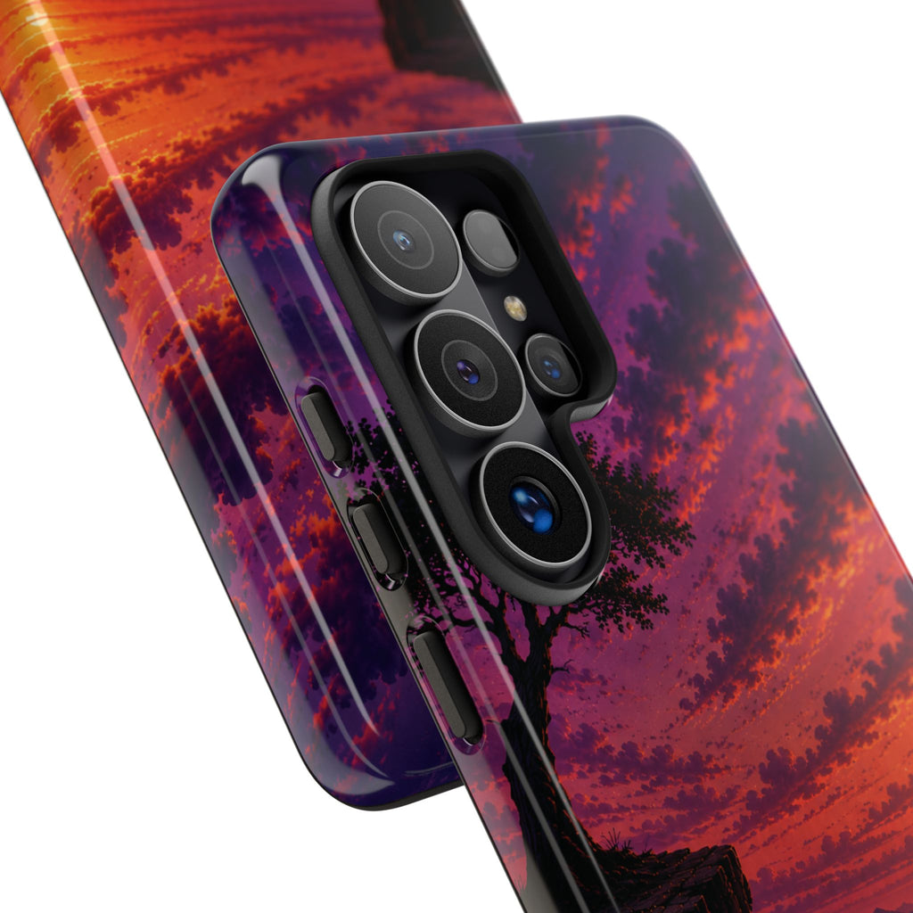 Sunset Cliff Tough Phone Case - Vibrant Purple Orange Landscape for Galaxy & iPhone