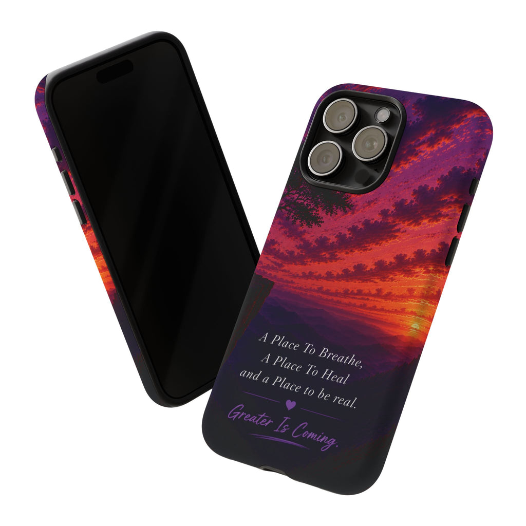 Sunset Serenity Phone Case – “A Place To Breathe, A Place To Heal” Inspirational Galaxy Case