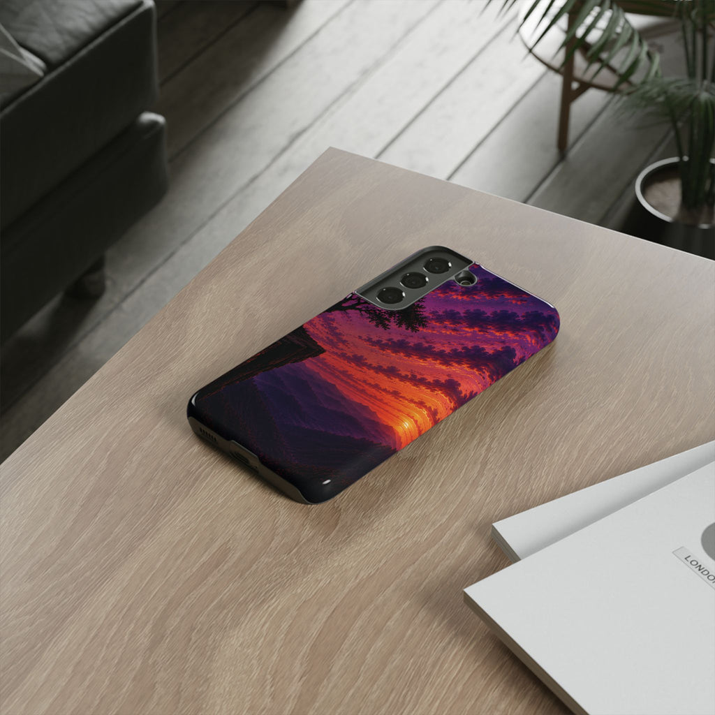 Sunset Cliff Tough Phone Case - Vibrant Purple Orange Landscape for Galaxy & iPhone