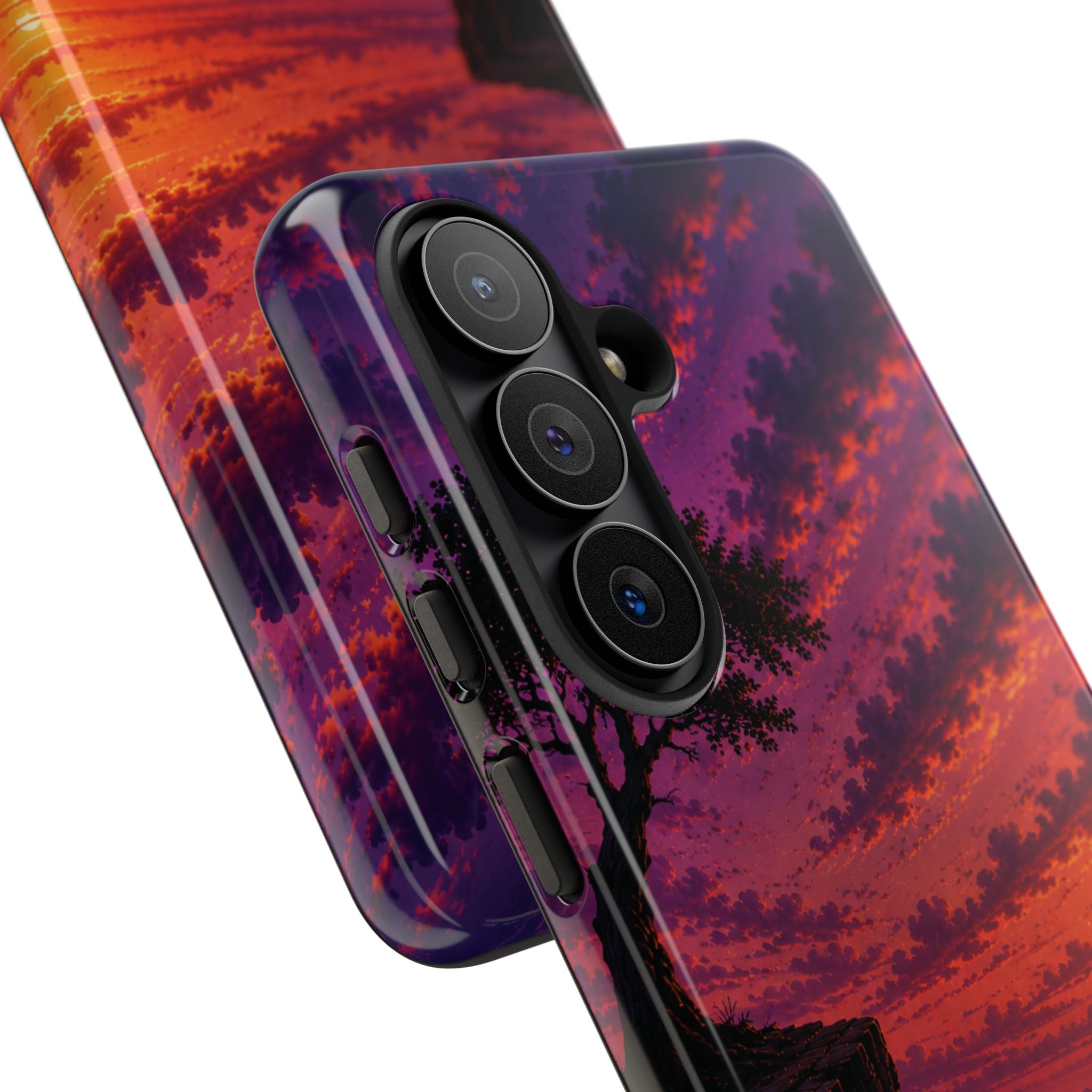 Sunset Cliff Tough Phone Case - Vibrant Purple Orange Landscape for Galaxy & iPhone