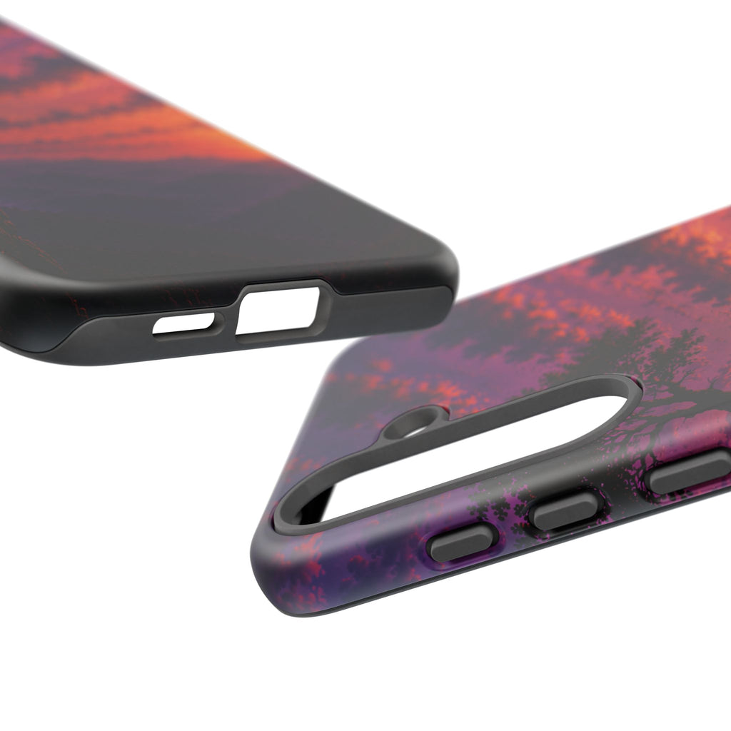 Sunset Cliff Tough Phone Case - Vibrant Purple Orange Landscape for Galaxy & iPhone