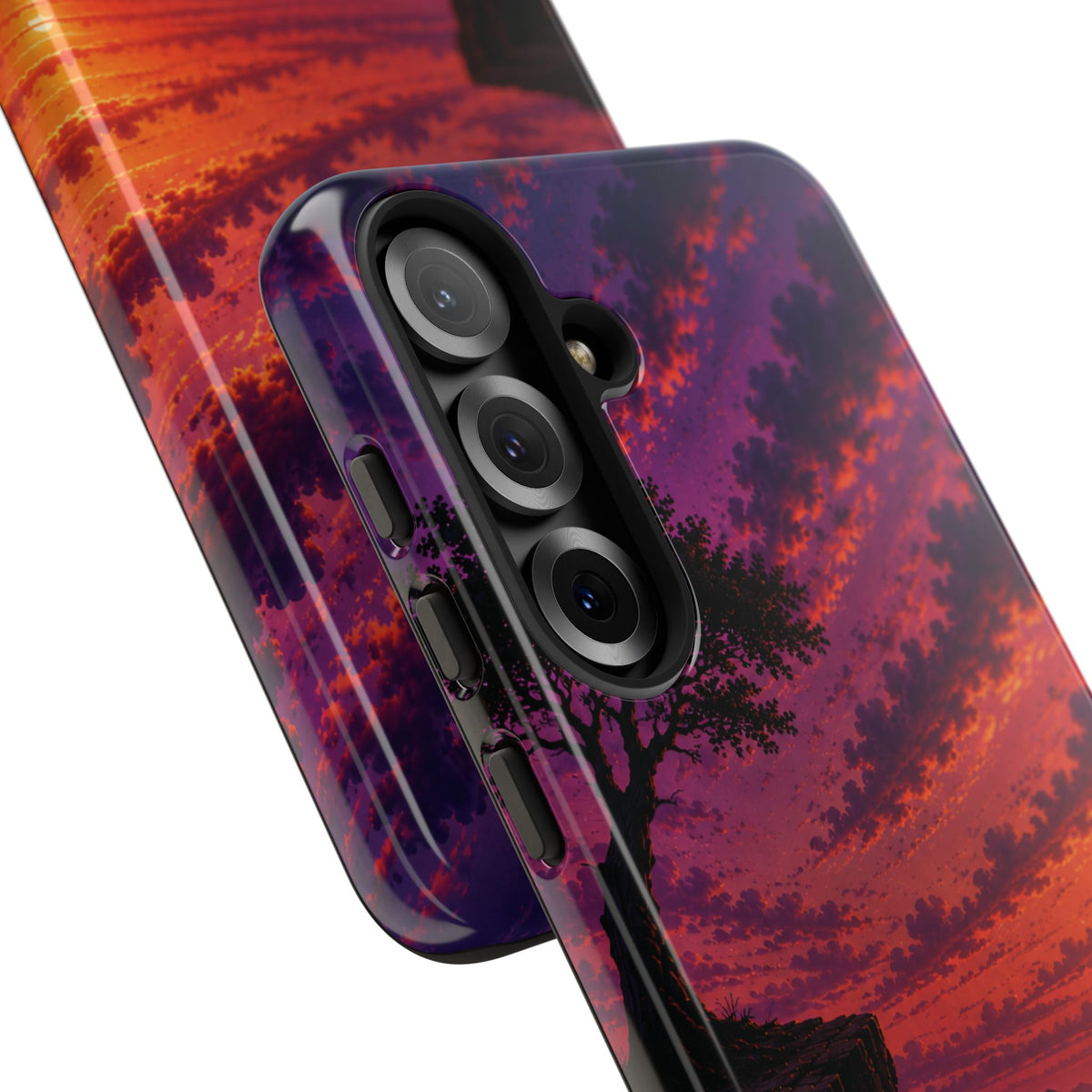 Sunset Cliff Tough Phone Case - Vibrant Purple Orange Landscape for Galaxy & iPhone