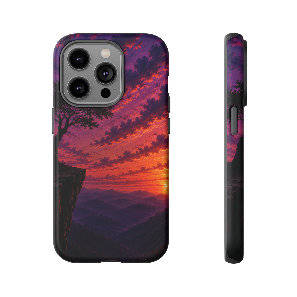 Sunset Cliff Tough Phone Case - Vibrant Purple Orange Landscape for Galaxy & iPhone
