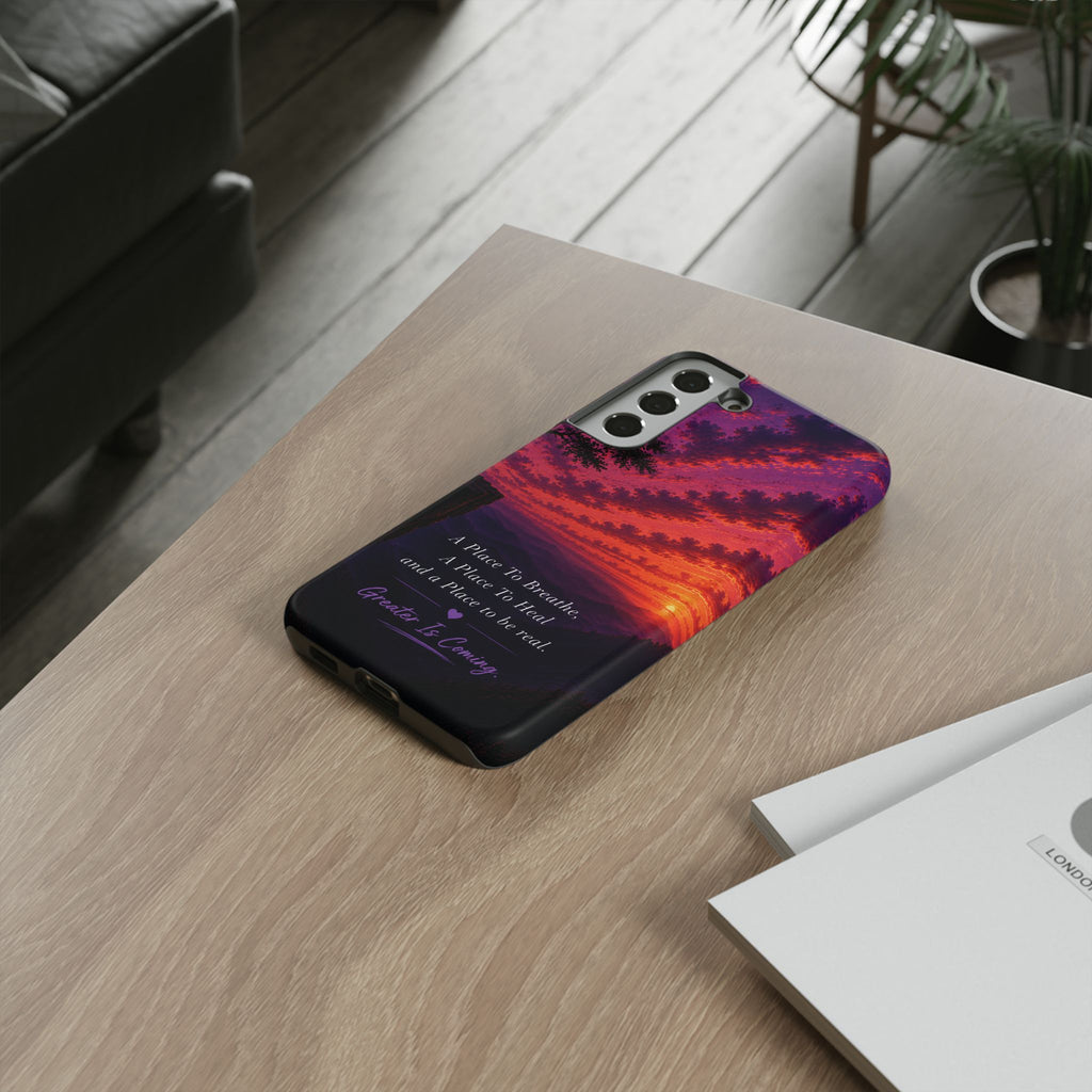 Sunset Serenity Phone Case – “A Place To Breathe, A Place To Heal” Inspirational Galaxy Case