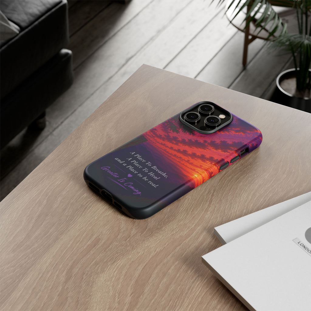 Sunset Serenity Phone Case – “A Place To Breathe, A Place To Heal” Inspirational Galaxy Case
