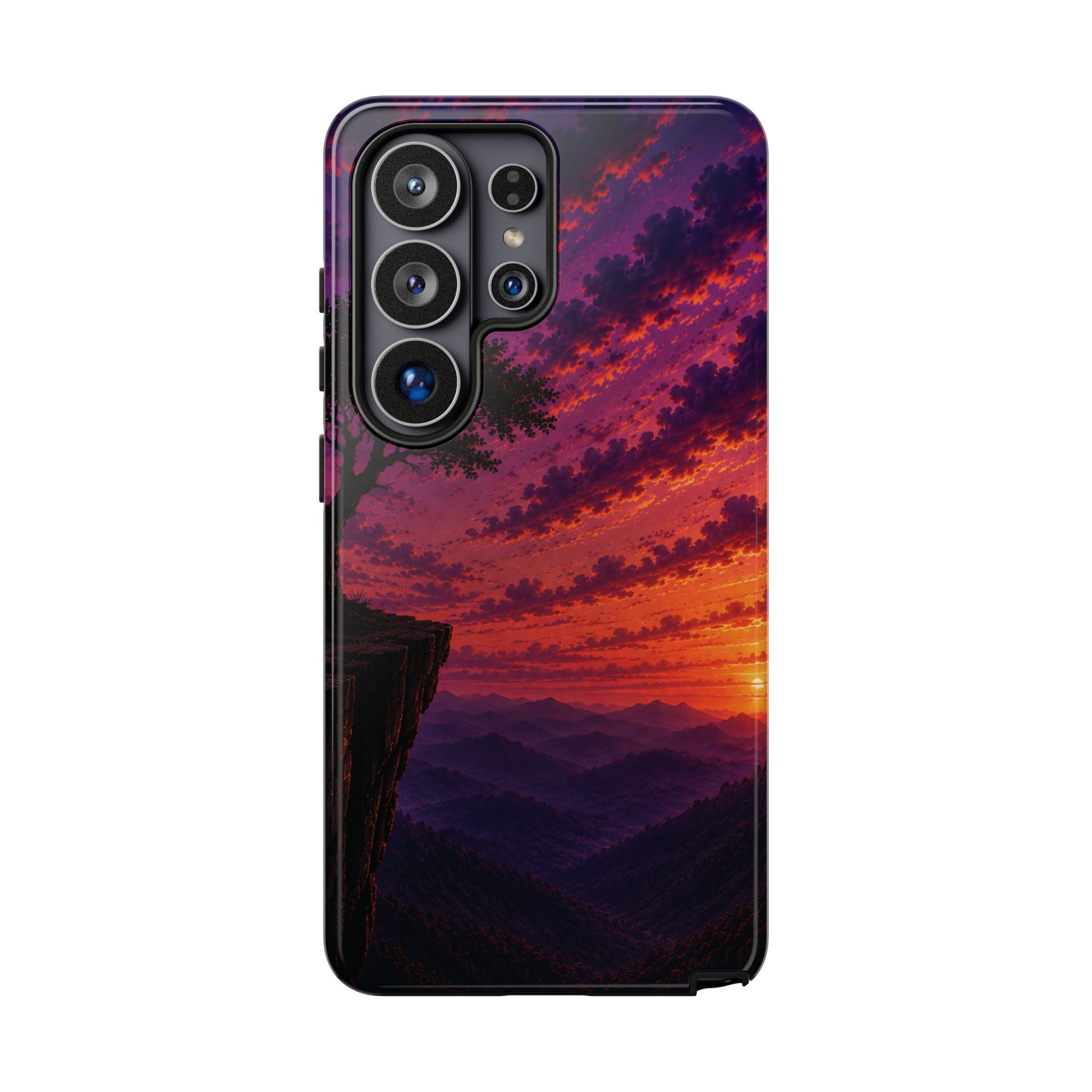 Sunset Cliff Tough Phone Case - Vibrant Purple Orange Landscape for Galaxy & iPhone