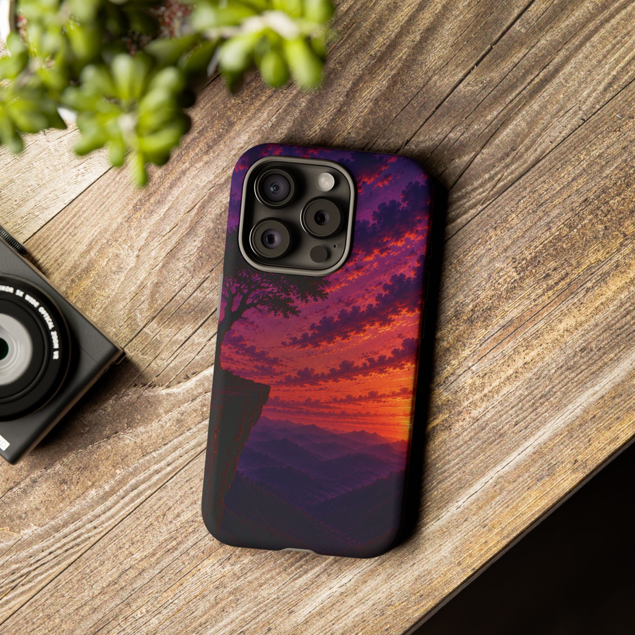 Sunset Cliff Tough Phone Case - Vibrant Purple Orange Landscape for Galaxy & iPhone