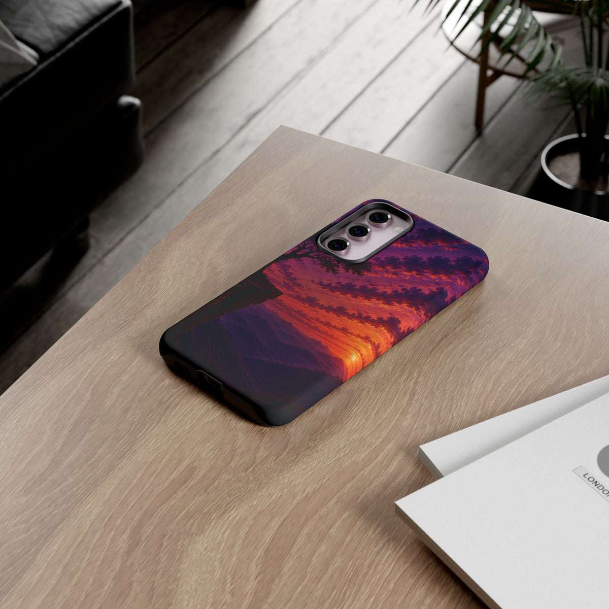 Sunset Cliff Tough Phone Case - Vibrant Purple Orange Landscape for Galaxy & iPhone