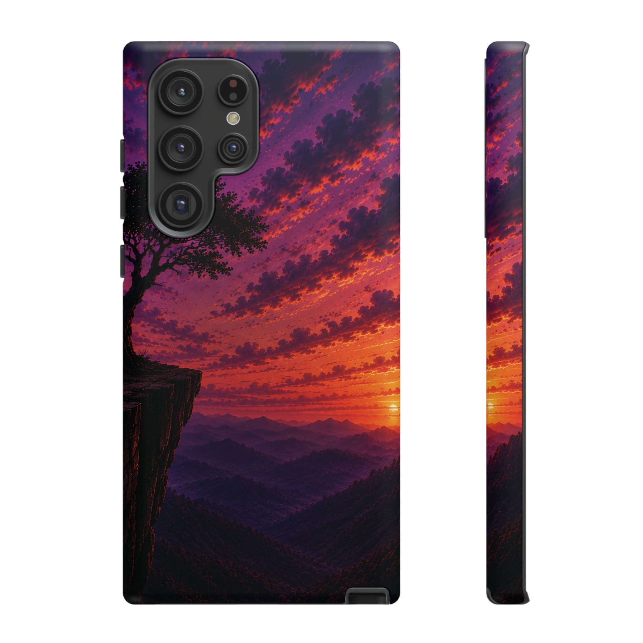 Sunset Cliff Tough Phone Case - Vibrant Purple Orange Landscape for Galaxy & iPhone
