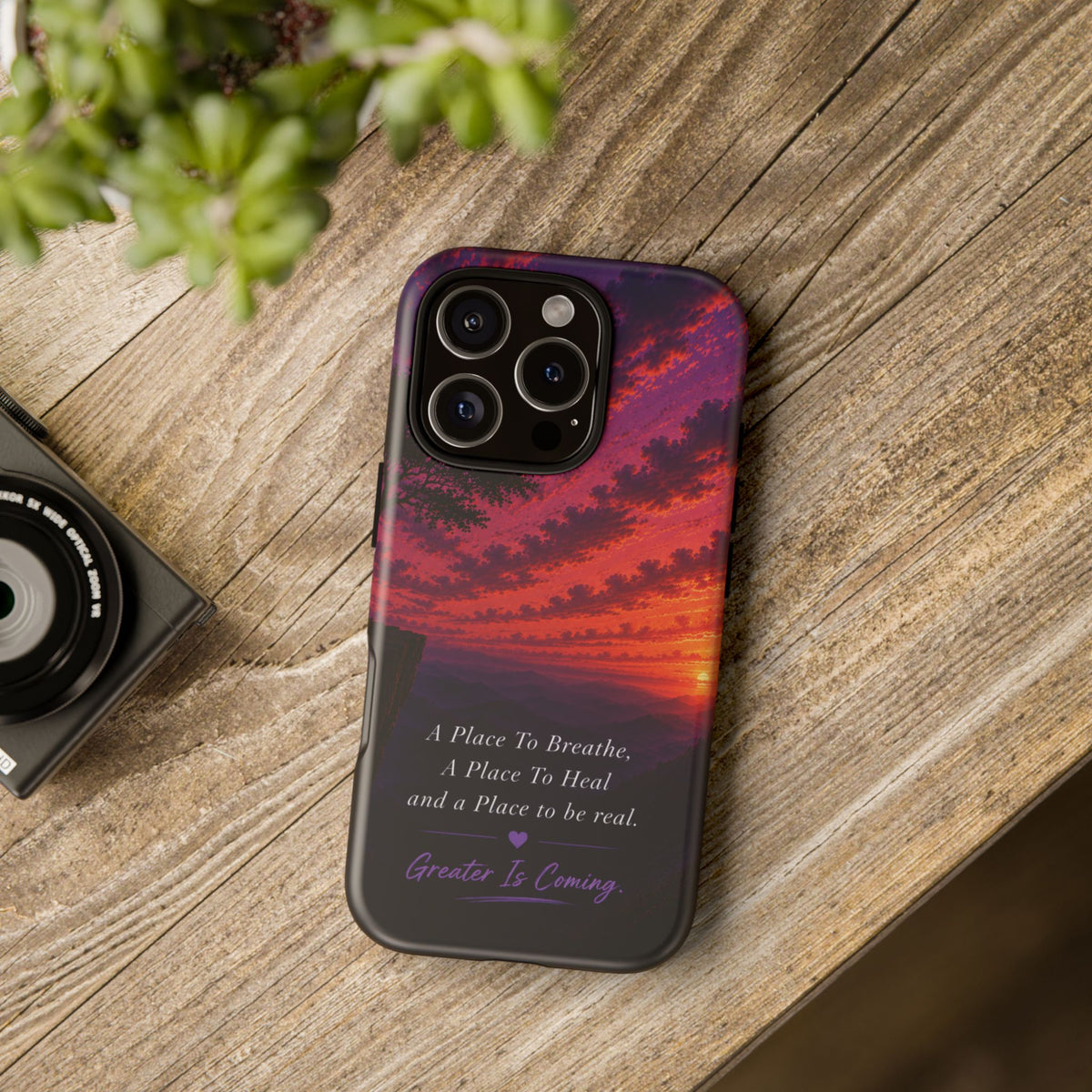 Sunset Serenity Phone Case – “A Place To Breathe, A Place To Heal” Inspirational Galaxy Case