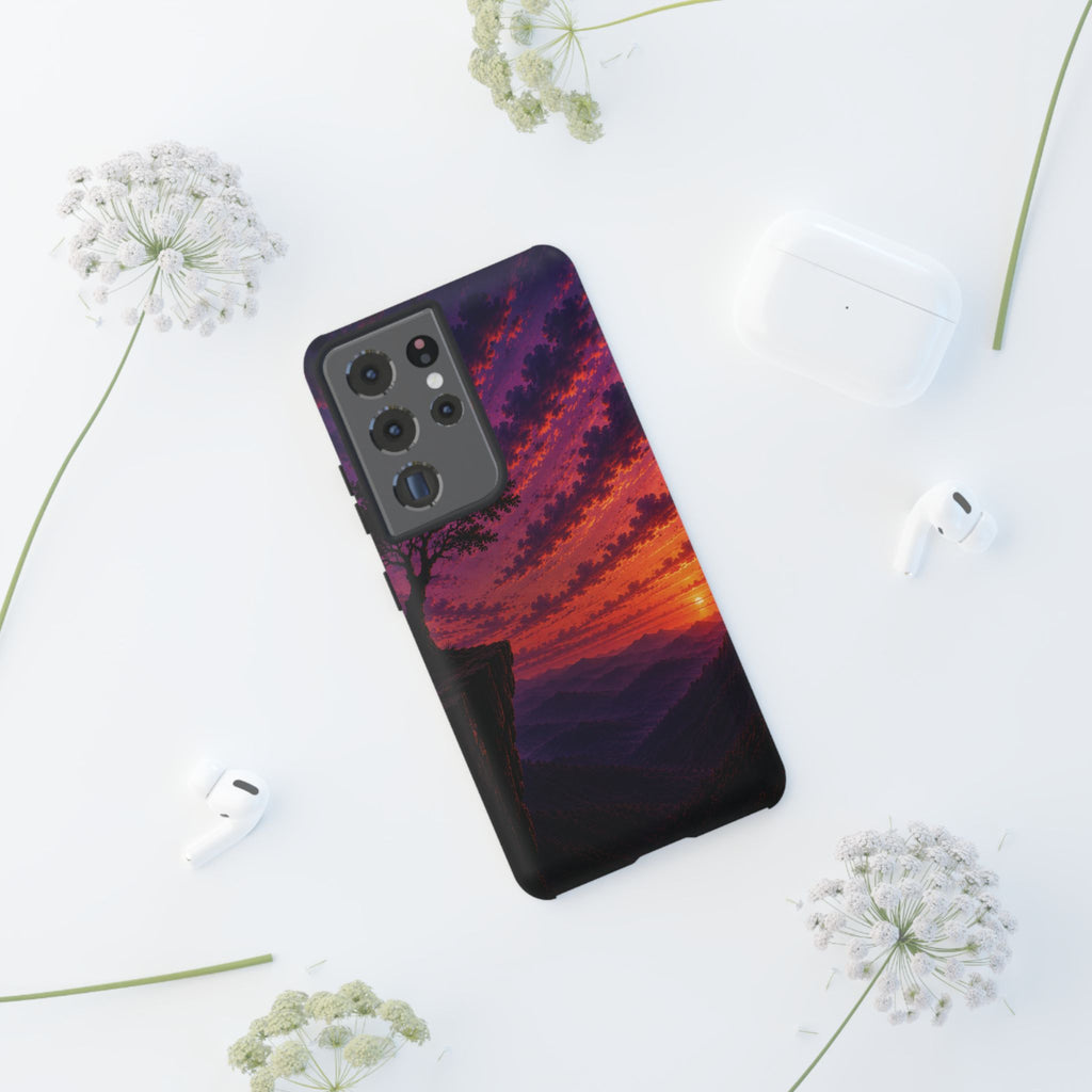 Sunset Cliff Tough Phone Case - Vibrant Purple Orange Landscape for Galaxy & iPhone