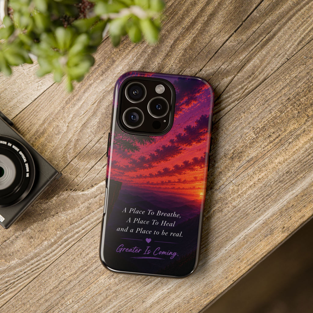 Sunset Serenity Phone Case – “A Place To Breathe, A Place To Heal” Inspirational Galaxy Case