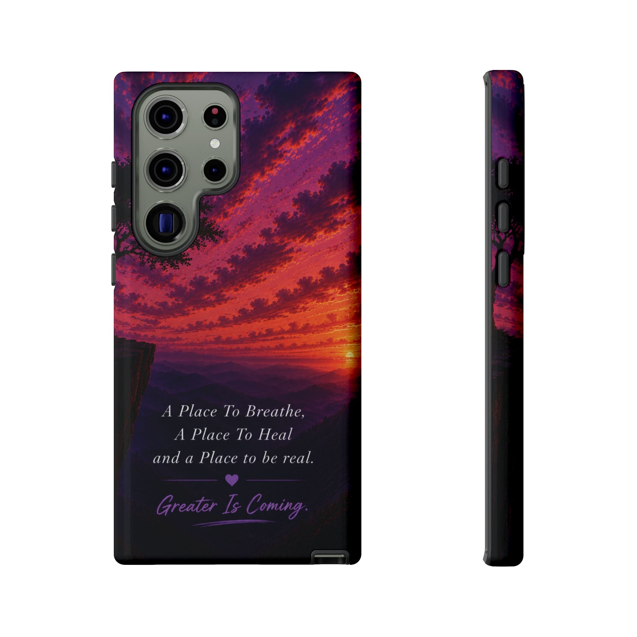 Sunset Serenity Phone Case – “A Place To Breathe, A Place To Heal” Inspirational Galaxy Case