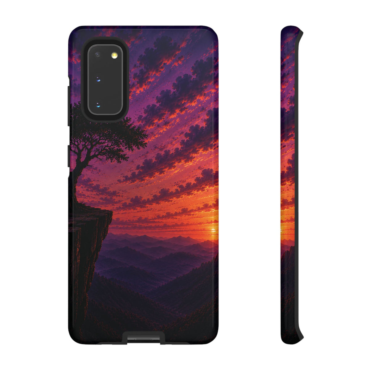 Sunset Cliff Tough Phone Case - Vibrant Purple Orange Landscape for Galaxy & iPhone