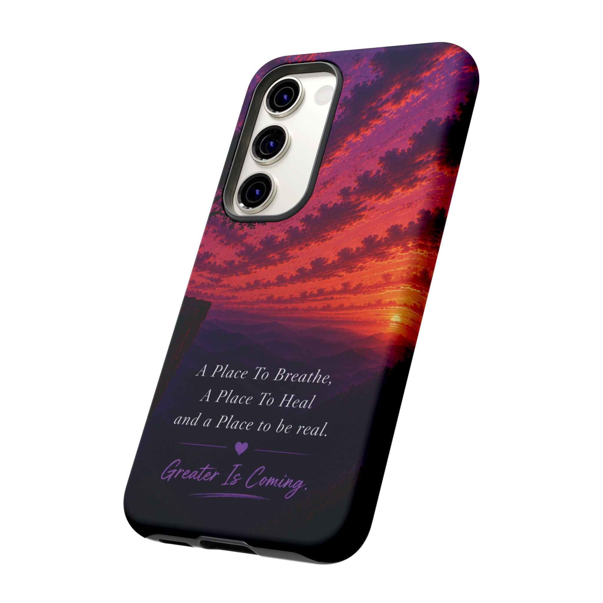 Sunset Serenity Phone Case – “A Place To Breathe, A Place To Heal” Inspirational Galaxy Case