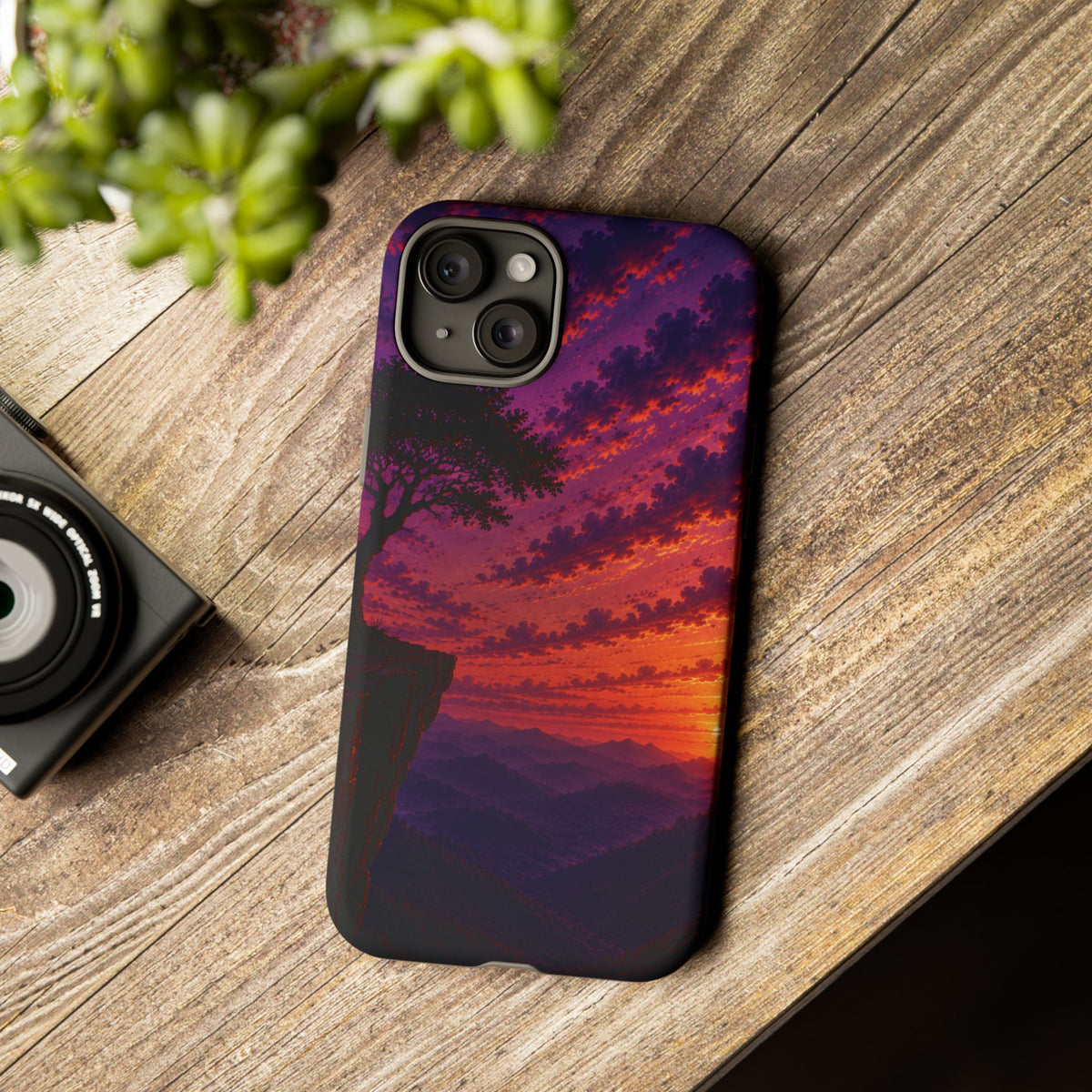 Sunset Cliff Tough Phone Case - Vibrant Purple Orange Landscape for Galaxy & iPhone