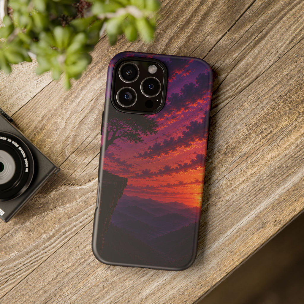 Sunset Cliff Tough Phone Case - Vibrant Purple Orange Landscape for Galaxy & iPhone