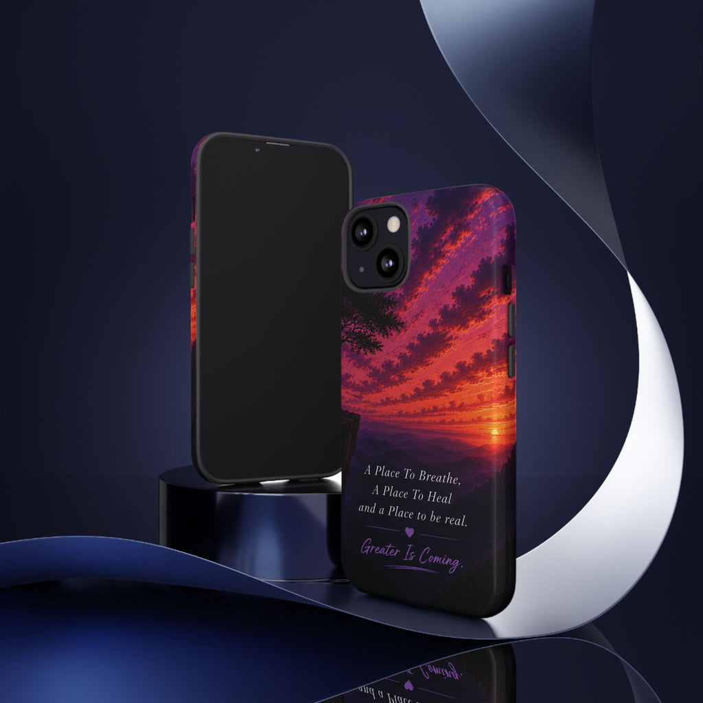 Sunset Serenity Phone Case – “A Place To Breathe, A Place To Heal” Inspirational Galaxy Case