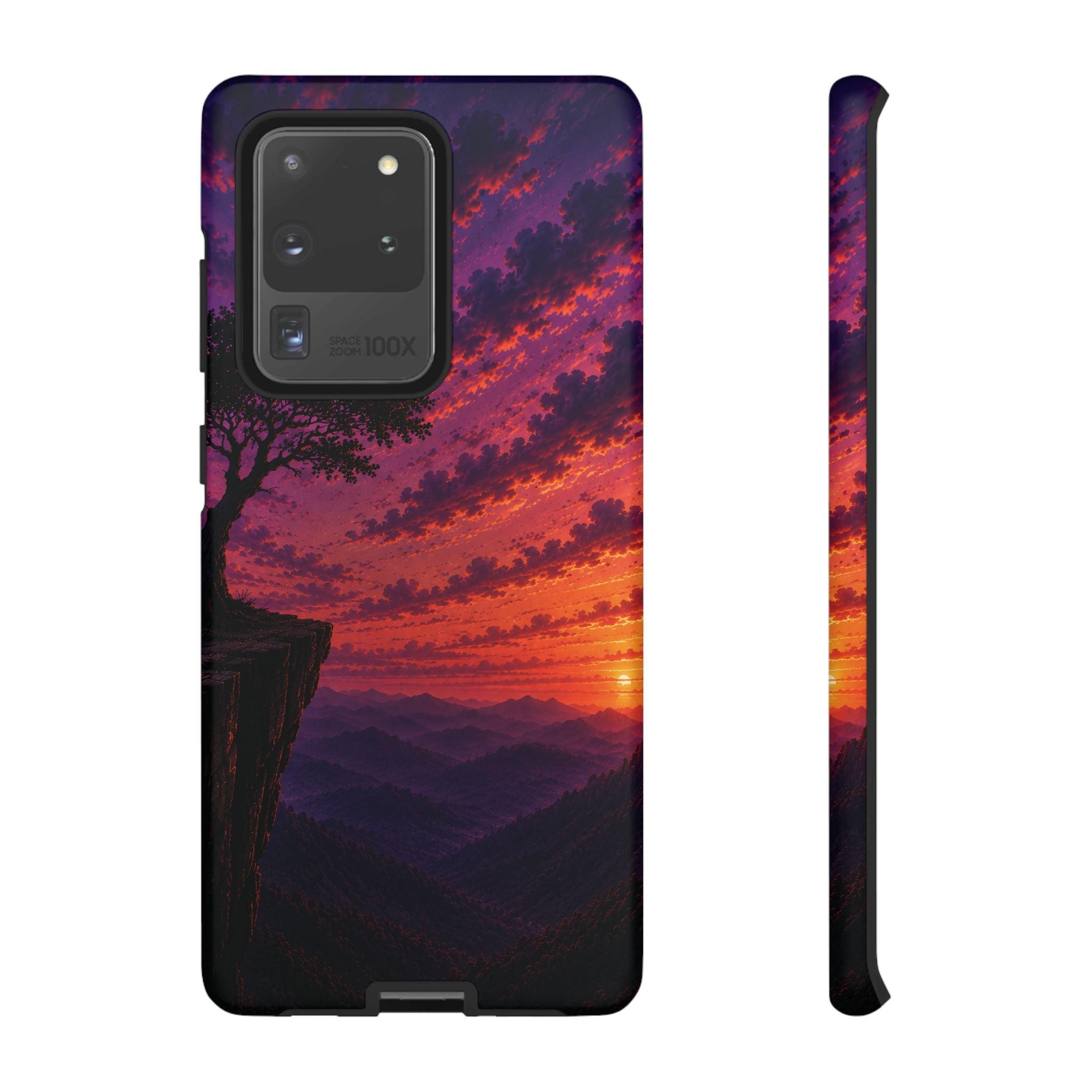 Sunset Cliff Tough Phone Case - Vibrant Purple Orange Landscape for Galaxy & iPhone