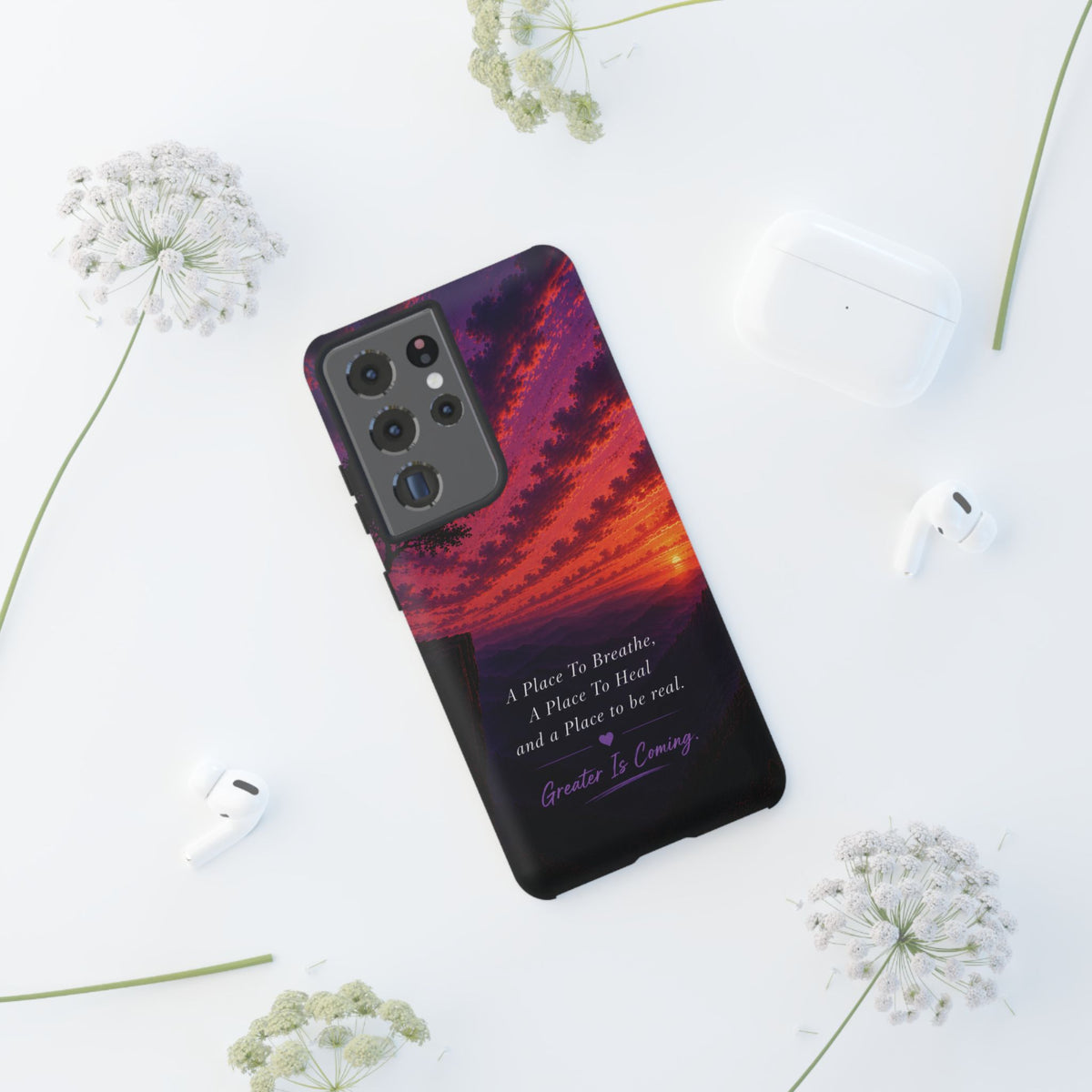 Sunset Serenity Phone Case – “A Place To Breathe, A Place To Heal” Inspirational Galaxy Case