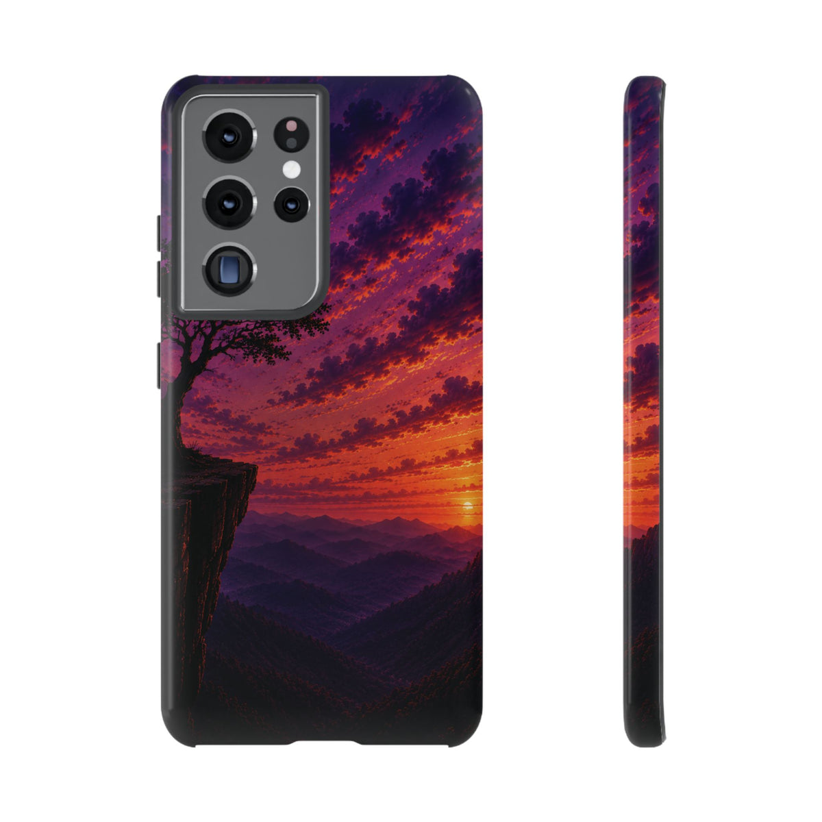 Sunset Cliff Tough Phone Case - Vibrant Purple Orange Landscape for Galaxy & iPhone