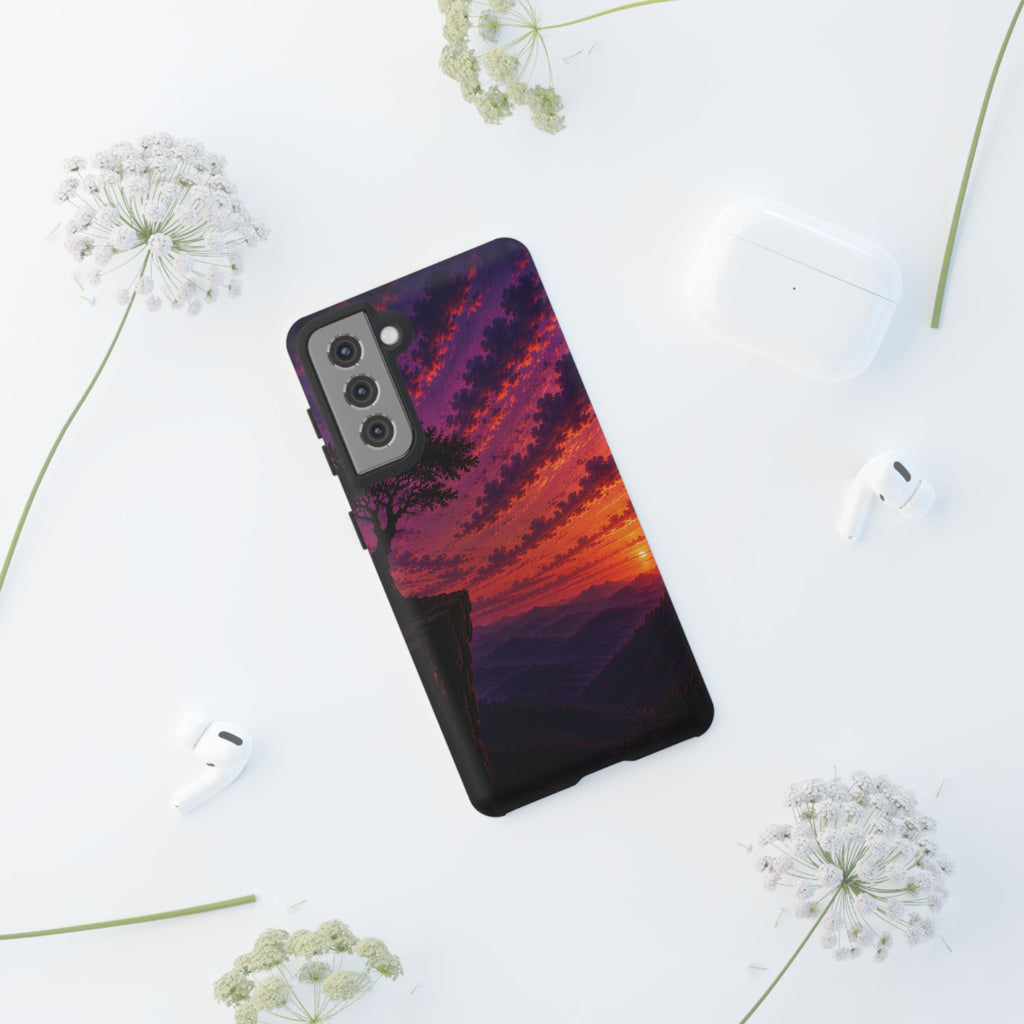 Sunset Cliff Tough Phone Case - Vibrant Purple Orange Landscape for Galaxy & iPhone