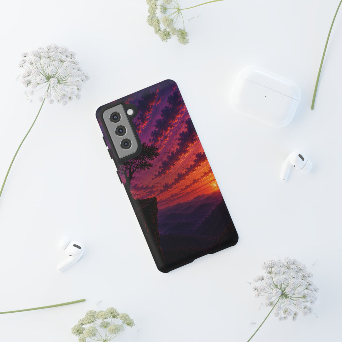 Sunset Cliff Tough Phone Case - Vibrant Purple Orange Landscape for Galaxy & iPhone