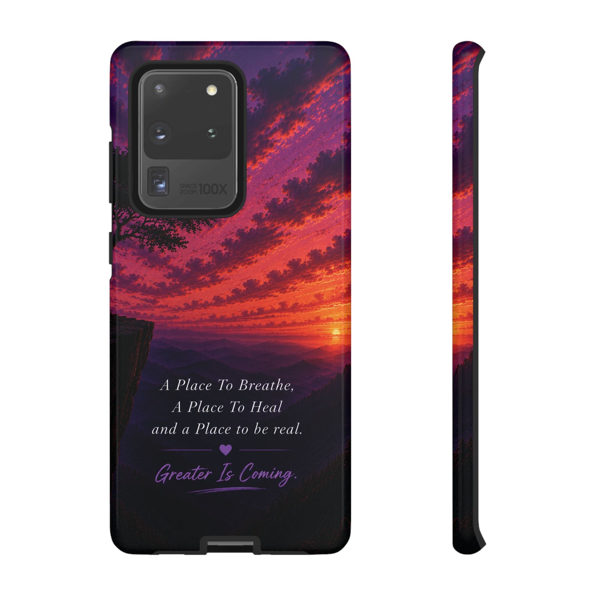Sunset Serenity Phone Case – “A Place To Breathe, A Place To Heal” Inspirational Galaxy Case