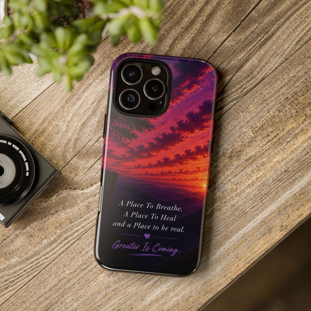 Sunset Serenity Phone Case – “A Place To Breathe, A Place To Heal” Inspirational Galaxy Case