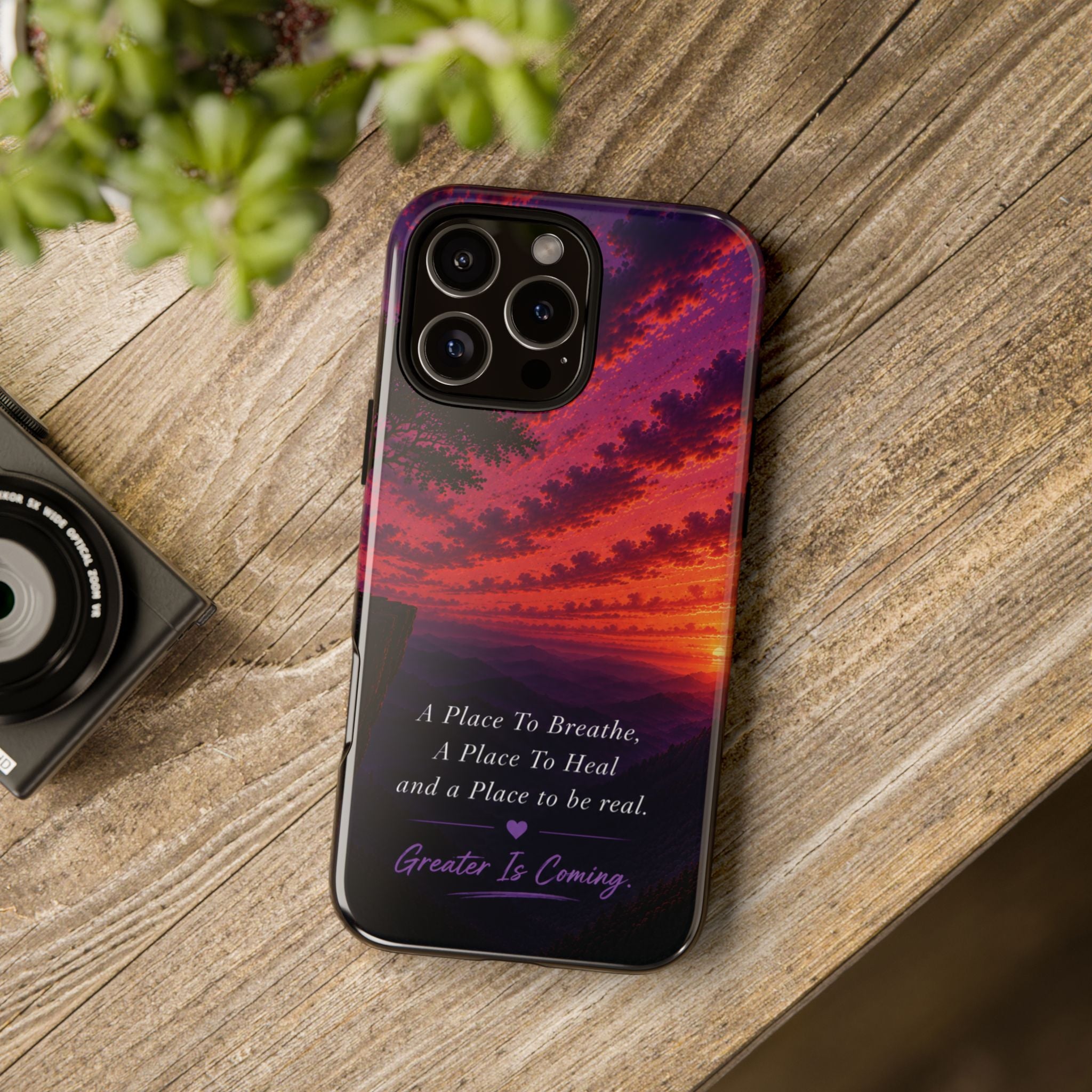 Sunset Serenity Phone Case – “A Place To Breathe, A Place To Heal” Inspirational Galaxy Case