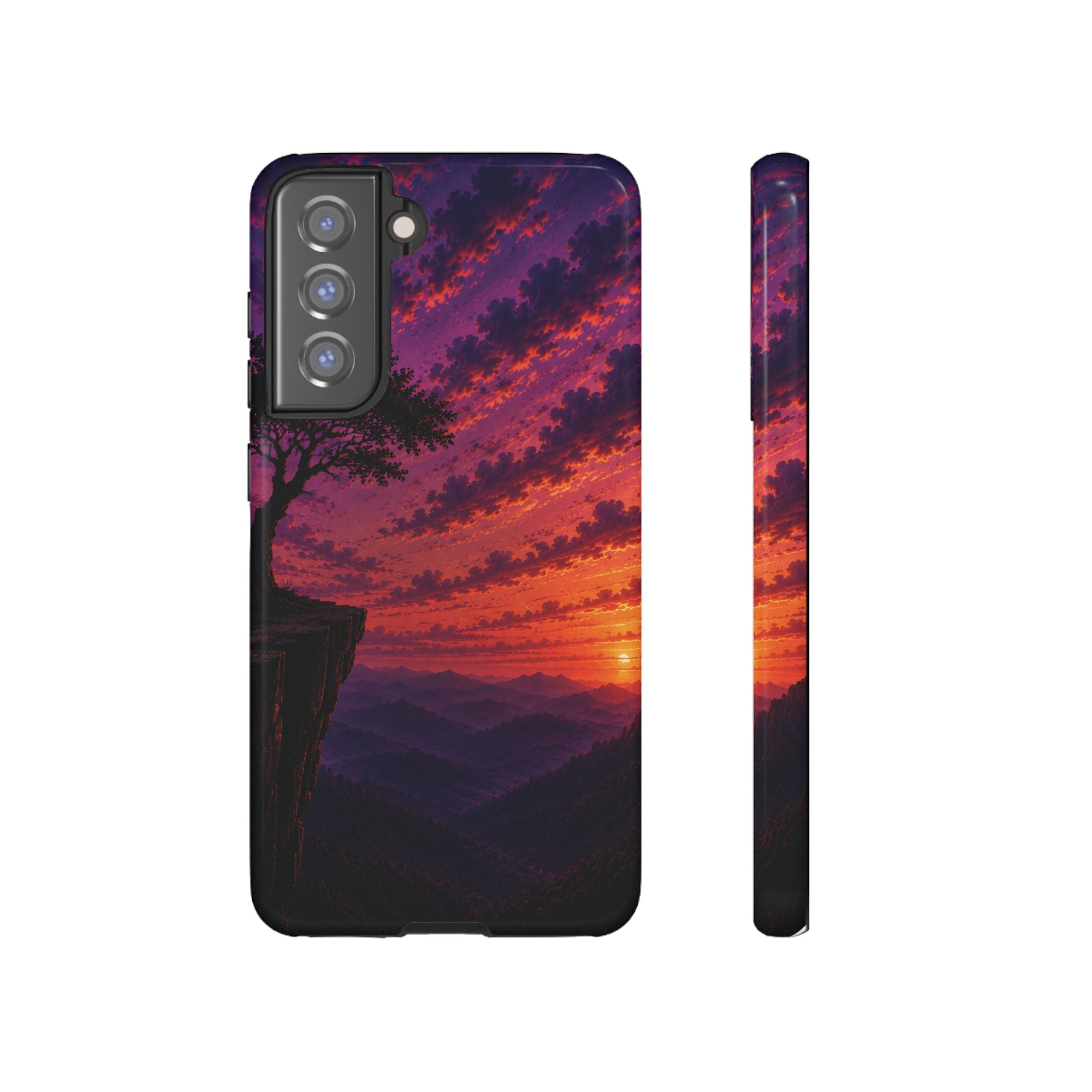 Sunset Cliff Tough Phone Case - Vibrant Purple Orange Landscape for Galaxy & iPhone