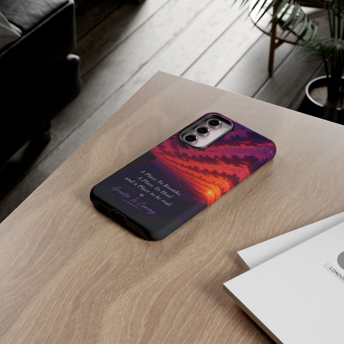 Sunset Serenity Phone Case – “A Place To Breathe, A Place To Heal” Inspirational Galaxy Case