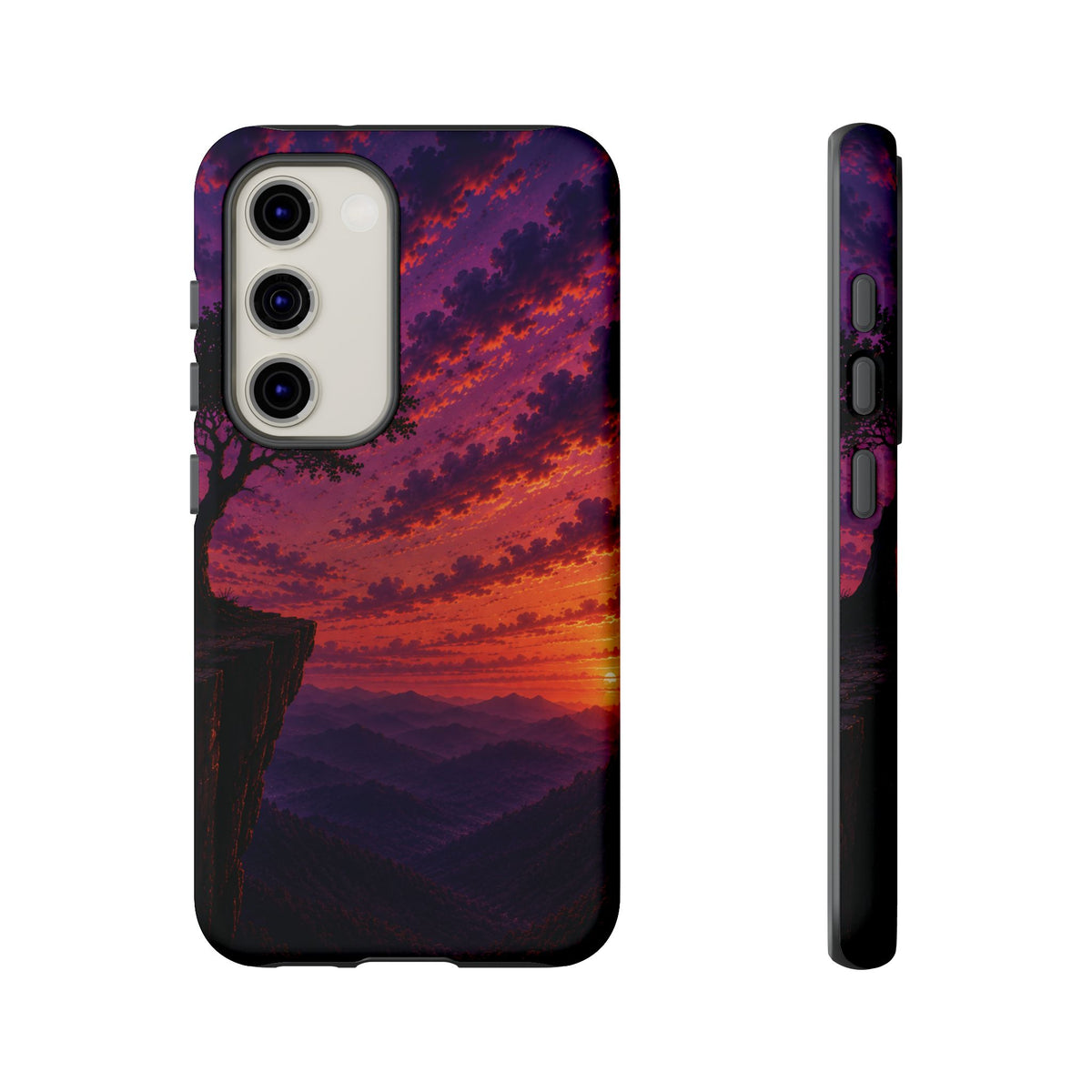 Sunset Cliff Tough Phone Case - Vibrant Purple Orange Landscape for Galaxy & iPhone