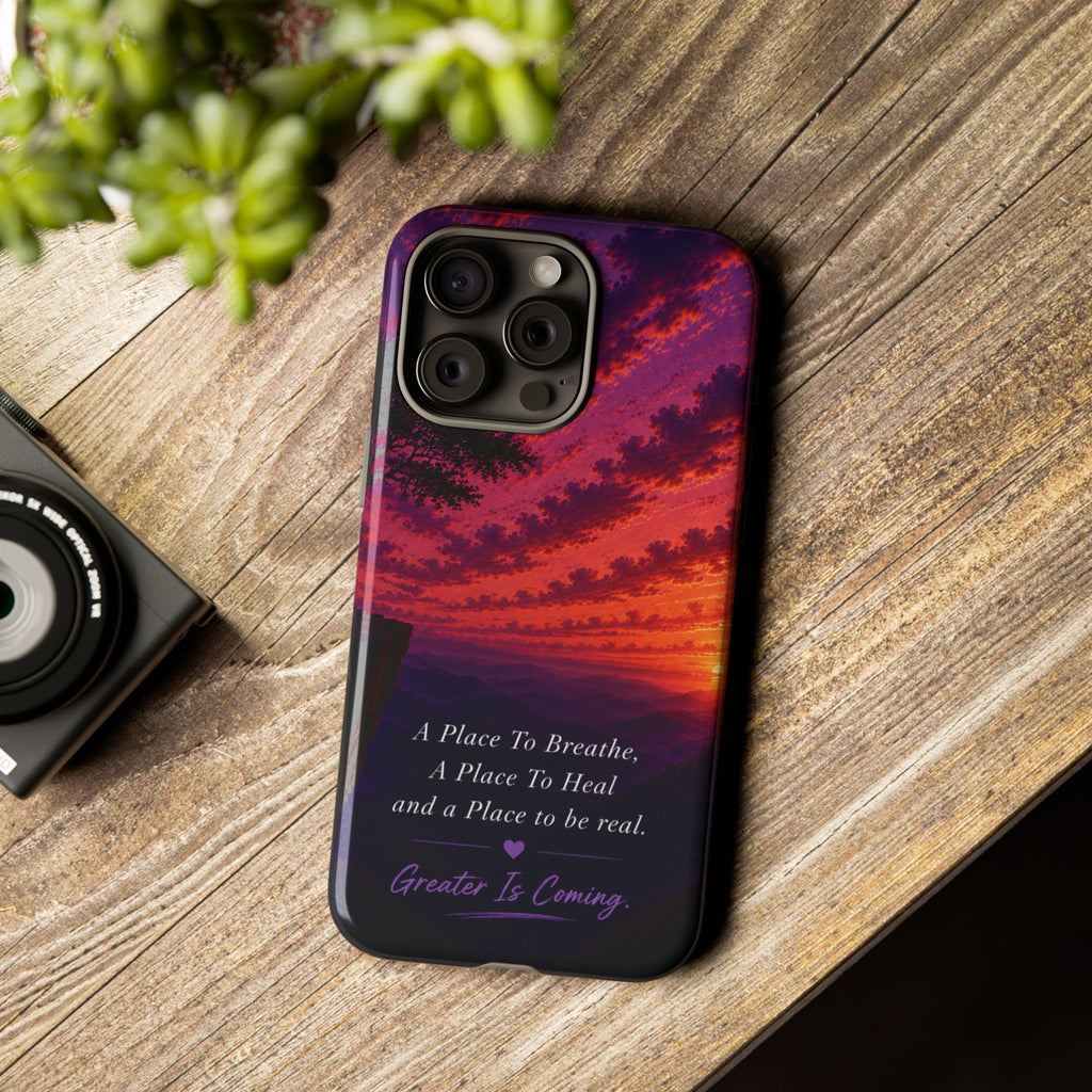 Sunset Serenity Phone Case – “A Place To Breathe, A Place To Heal” Inspirational Galaxy Case