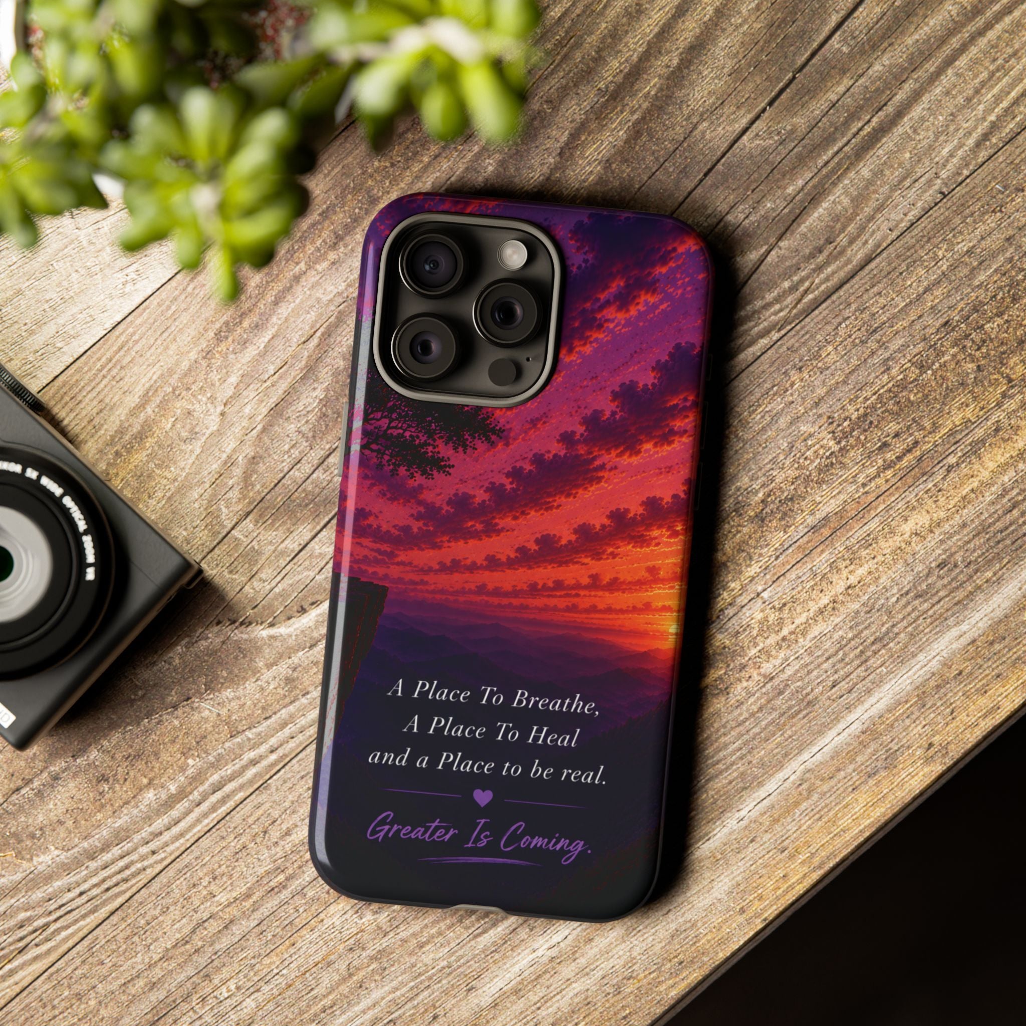 Sunset Serenity Phone Case – “A Place To Breathe, A Place To Heal” Inspirational Galaxy Case