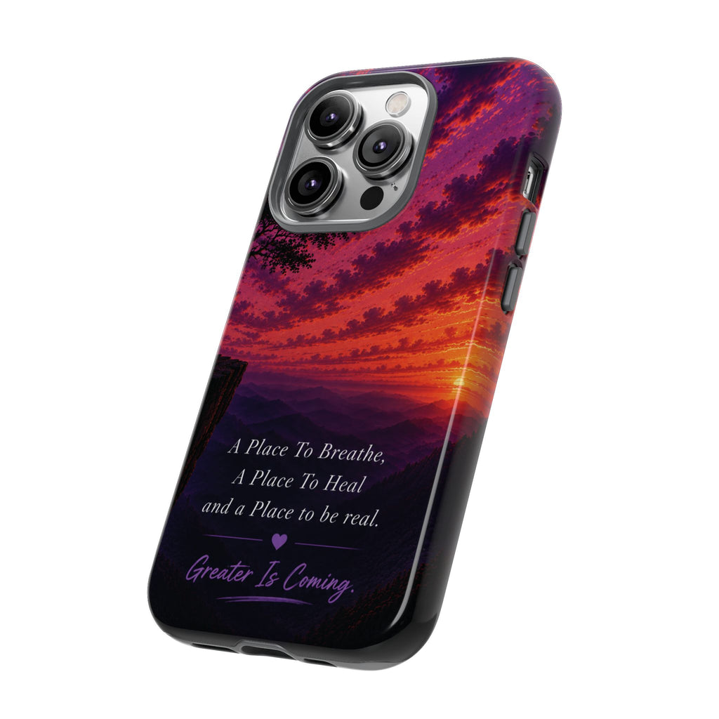 Sunset Serenity Phone Case – “A Place To Breathe, A Place To Heal” Inspirational Galaxy Case