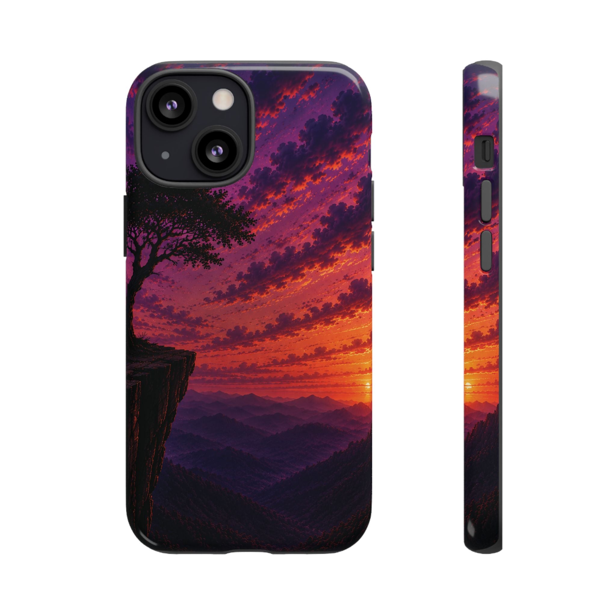 Sunset Cliff Tough Phone Case - Vibrant Purple Orange Landscape for Galaxy & iPhone