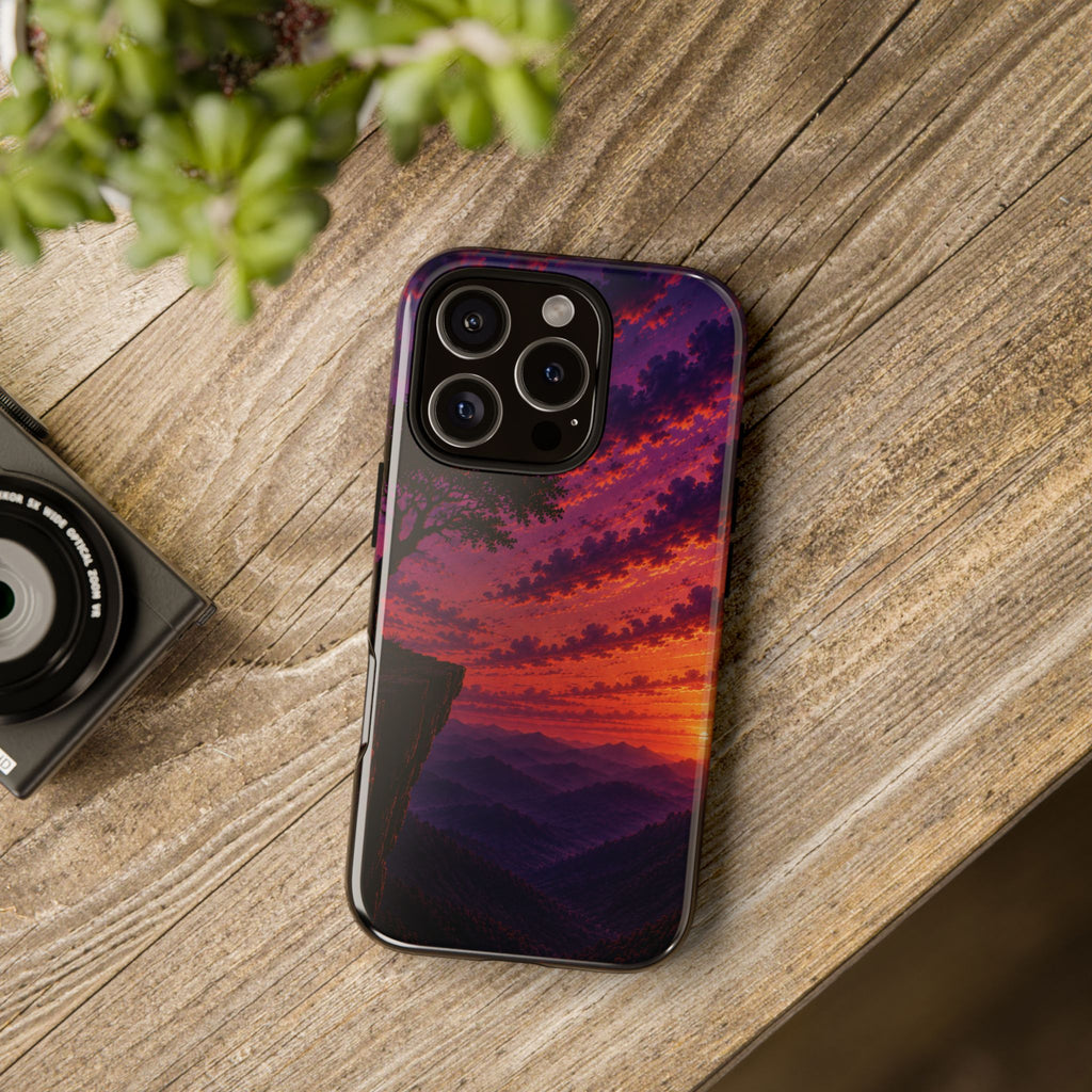 Sunset Cliff Tough Phone Case - Vibrant Purple Orange Landscape for Galaxy & iPhone
