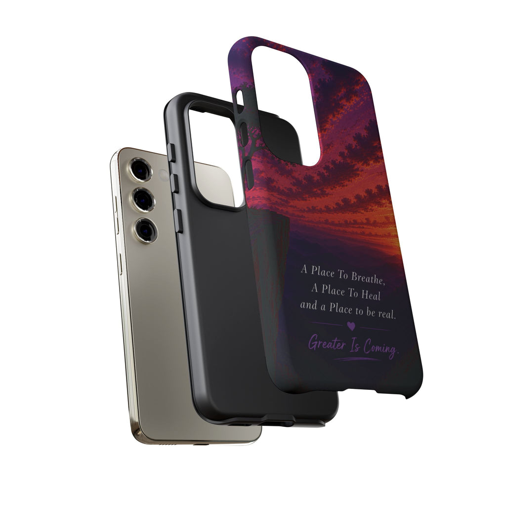 Sunset Serenity Phone Case – “A Place To Breathe, A Place To Heal” Inspirational Galaxy Case