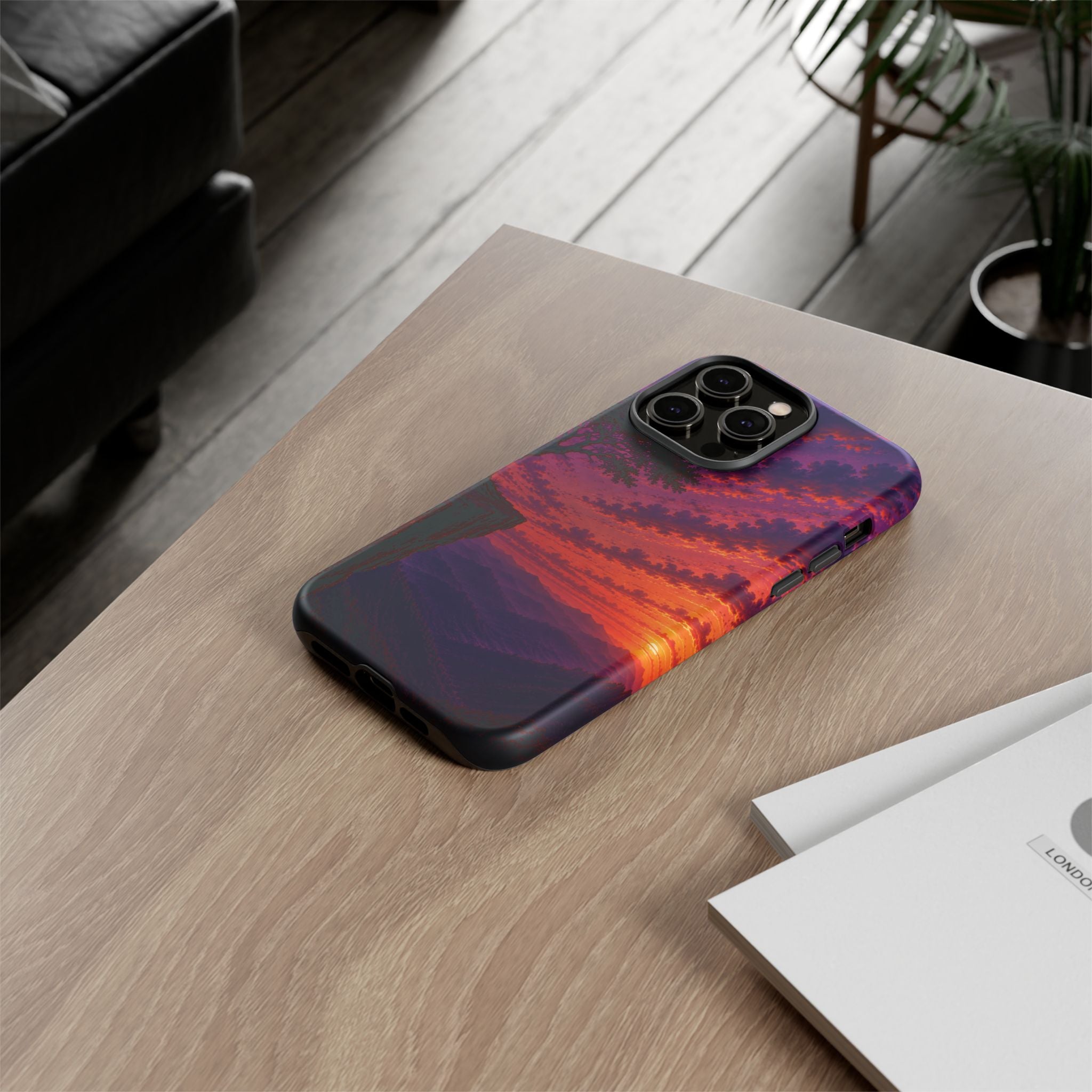 Sunset Cliff Tough Phone Case - Vibrant Purple Orange Landscape for Galaxy & iPhone