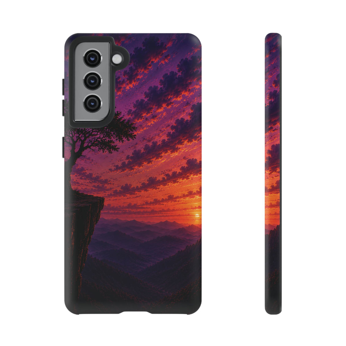Sunset Cliff Tough Phone Case - Vibrant Purple Orange Landscape for Galaxy & iPhone