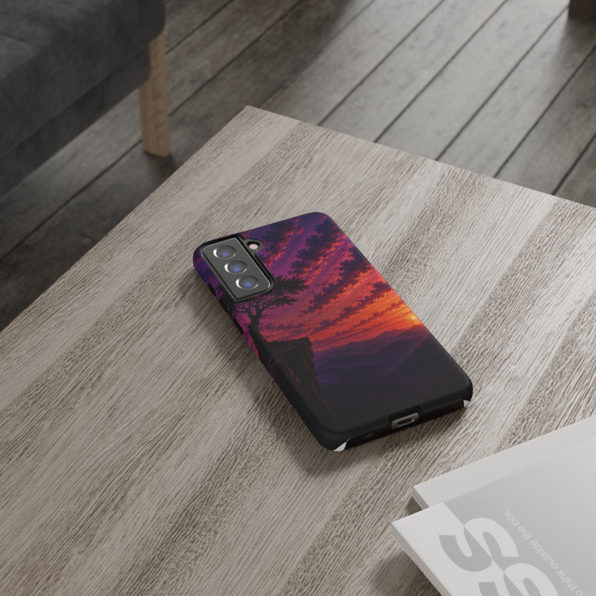 Sunset Cliff Tough Phone Case - Vibrant Purple Orange Landscape for Galaxy & iPhone